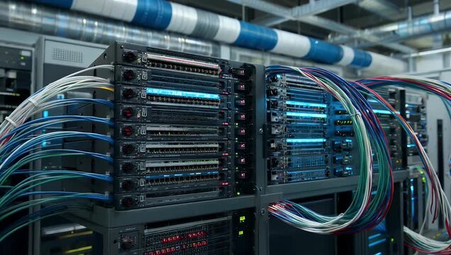 Technical 4K stock footage showcasing optical server commutator with numerous flashing lights illustrating intense activity of optical fiber servers housed within large rack cabinet at major data