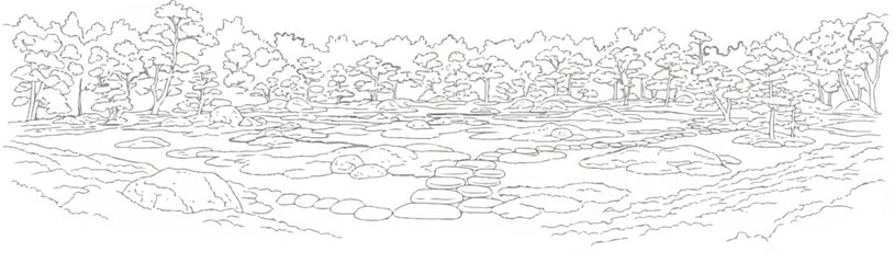 Obraz premium A monochromatic sketch of a forest stream with scattered rocks and stepping stones