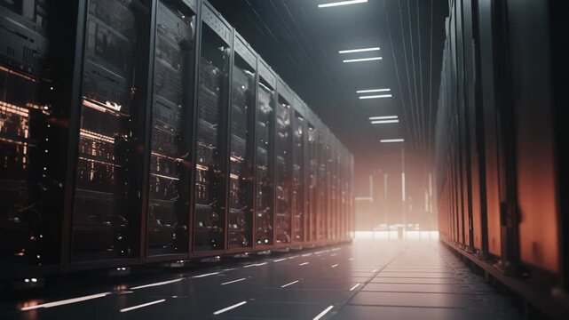 Server racks line a glowing data center aisle, showcasing high density hardware and cloud infrastructure for secure, high speed storage and big data processing