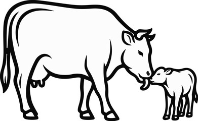 Fototapeta premium A mother cow gently nuzzles its calf in a black and white line drawing
