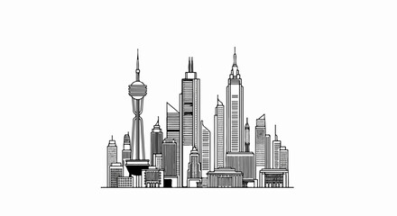 Fototapeta premium A line drawing of a city skyline with various skyscrapers and a tall tower