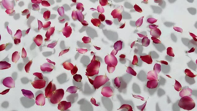 Romantic 4K Ultra HD super slow motion video of delicate rose petals flying and drifting against a clear white background utilizing a dynamic speed ramp effect meticulously filmed on a high speed
