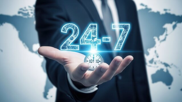 businessman holding 24-7 holographic projection with clock on hand and world map background