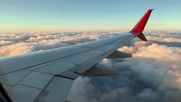 Cinematic 4K point of view footage from the left wingtip of a modern jet flying at 12 000 meters over a cloud covered sky in daylight ideal for aviation travel or extreme stock videos