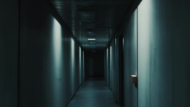 Derelict concrete corridor in cool tones, dim overhead lights casting textured shadows along a long, empty industrial passage, evoking isolation and uneasy suspense