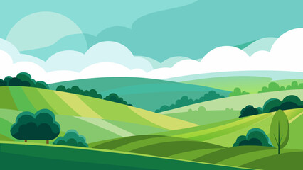 Obraz premium Serene landscape of rolling green hills under a partly cloudy sky