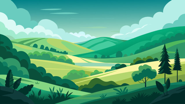 Serene landscape of rolling green hills under a partly cloudy sky