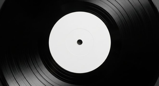 A close-up view of a vinyl record with a white label