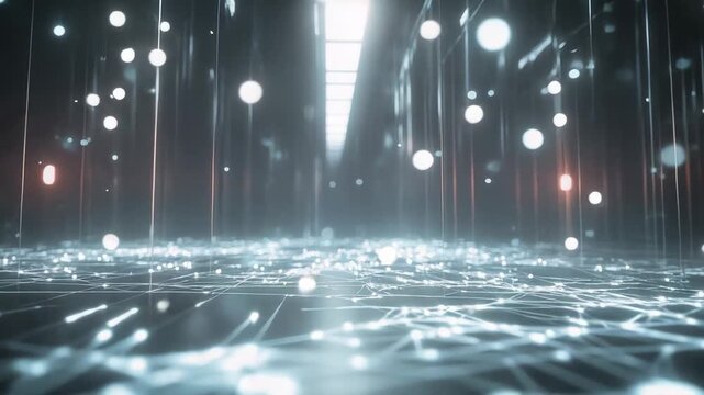 Digital data streams and glowing particles trace a high tech grid of bright lines, illustrating global network connections, fast information flow, cloud computing and ai driven communication