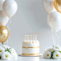A festive illustration of a birthday cake with candles and balloons, copy space available