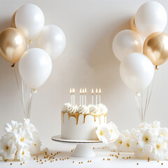 A festive illustration of a birthday cake with candles and balloons, copy space available