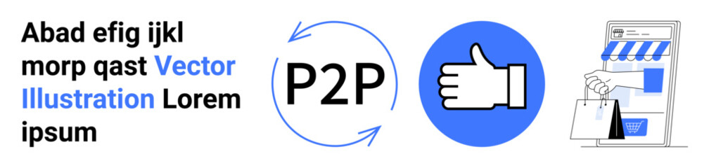 Obraz premium Peer-to-peer transactions, digital marketplaces, e-commerce, online reviews, payment sharing, customer trust. Circular P2P arrows, thumbs-up icon shopping bags and storefront. Peer-to-peer