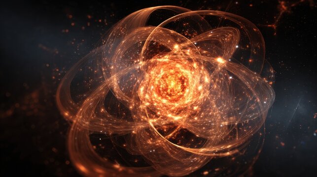 Glowing atomic structure with swirling particles in space.