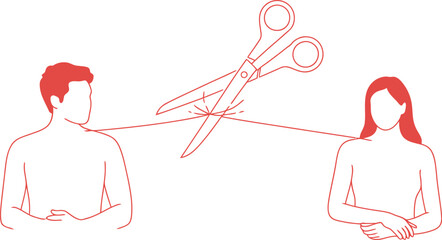 An illustration of a man and woman with an umbilical cord being cut by scissors