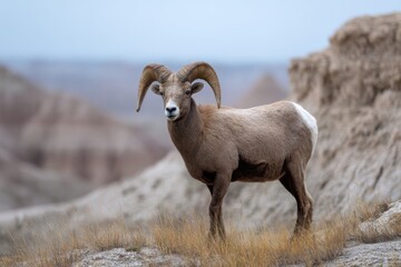 Fototapeta premium Majestic bighorn sheep standing on rocky cliff in natural habitat