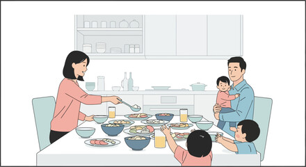 Family enjoying mealtime in modern kitchen setting with happy atmosphere