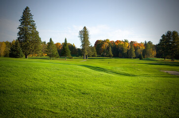 Beautiful Golf Course Fairway with Colorful Fall Season Trees