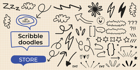 Obraz premium Hand Drawn Scribble Doodles Set on Grid Paper Background, Abstract Arrows, Shapes, Stars, Lightning, Speech Bubbles and Decorative Elements Collection