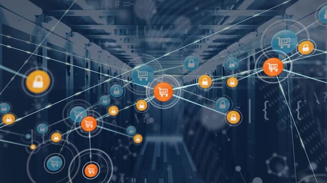Animation of connected icons, binary codes, symbols and nucleotides against server room