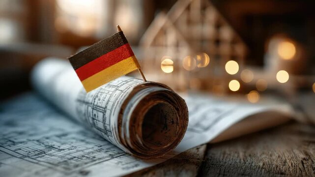A detailed German architectural drawing displaying structural blueprint, design layout, building draft, planning scheme, creative vision, and national tribute with German flag symbolizing civic pride