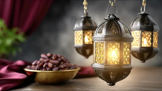 An enchanting Muslim Islamic celebration, a revered holiday, featuring traditional glowing lanterns, sweet dates, and warm festive ambiance, symbolizing spiritual devotion