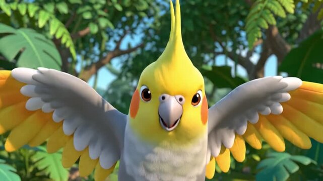 Vibrant cartoon cockatiel perched on tree branch in lush tropical forest
