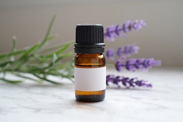 Small brown glass bottle of essential oil with dropper cap surrounded by fresh green leaves and purple lavender flowers
