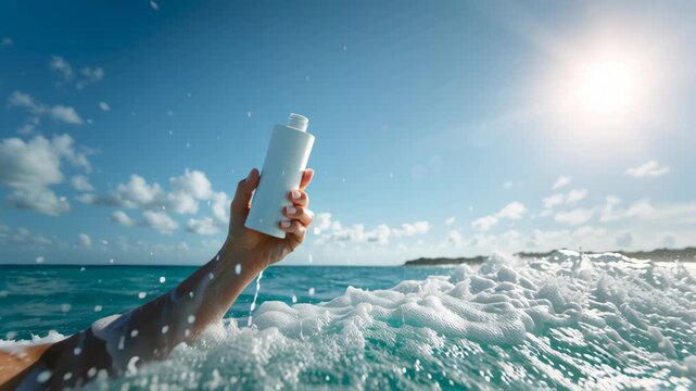 Summer sun protection care keeps skin fresh hydrated with ocean waves bright sunlight clear day splash water hand holding bottle foam