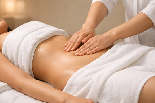 Close-up of therapist hands performing abdominal lymphatic drainage massage on a woman during a spa wellness treatment