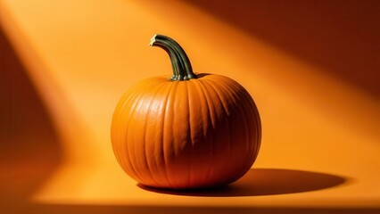 Classic round orange pumpkin with green stem on vibrant orange background under soft light