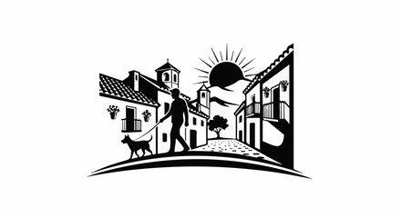 Obraz premium Person walks dog down cobblestone street with buildings and sun