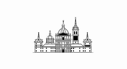 Fototapeta premium Ornate symmetrical building with domes and spires, black ink sketch