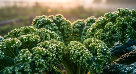 Vibrant fresh green kale leaves glistening with morning dew drops in a sunlit organic garden, symbolizing health and natural growth.