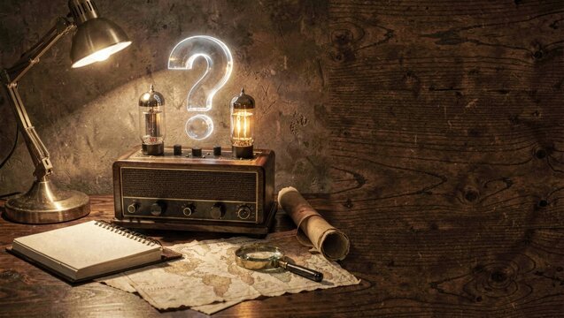 Vintage vacuum tube amplifier on mahogany desk with glowing question mark