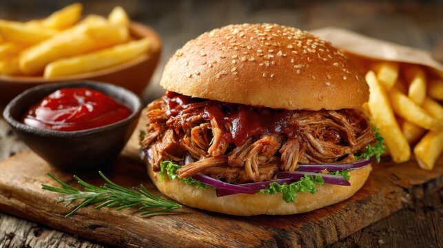 Bbq pulled pork burger with fries and ketchup on wooden board.