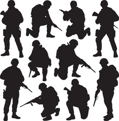 Obraz premium Black silhouettes depict soldiers in different combat stances and kneeling positions ready for action