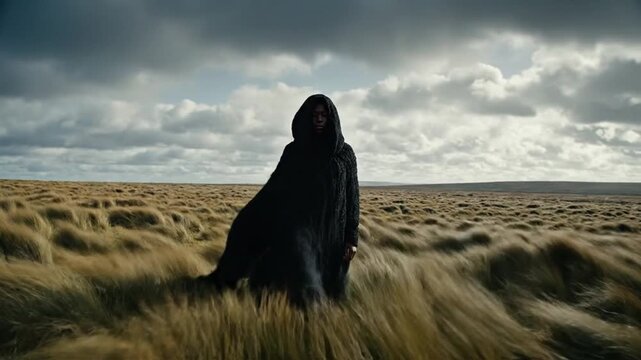 Mysterious figure cloaked in dark fabric stands amidst a vast field of golden wheat under a dramatic stormy sky evoking feelings of solitude and intrigue