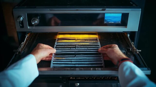 Closeup medium shot of hands handling delicate film strips emerging from a digital negative printer showcasing the film backup process.