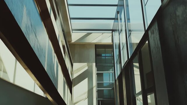 Modern architecture interior featuring a skylight and geometric glass design, creating dynamic light and shadow patterns on structural elements and showcasing contemporary urban building