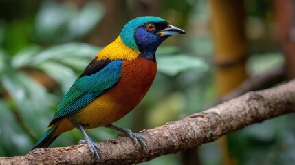 Fototapeta premium Colorful bird with vibrant plumage perched on branch in lush forest setting.