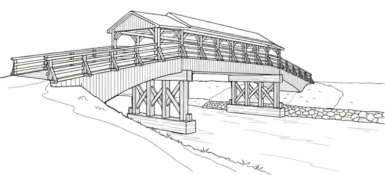 Wooden covered bridge spans a gentle stream with stone embankment