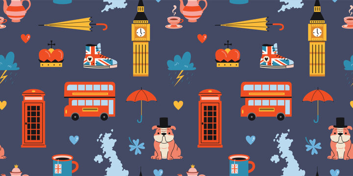 Seamless pattern with iconic London and British culture symbols like red bus, phone booth, umbrella, crown and map of the UK. Travel and England themed vector arts on blue background, flat design