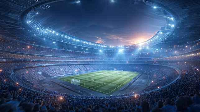 A large, illuminated stadium filled with spectators and a well-lit field.