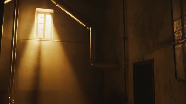 Dusty basement room with concrete floor and old pipes, illuminated by dramatic light rays streaming through a high window, creating a mood of mystery and emptiness