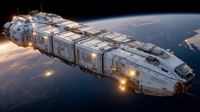 Hyperrealistic cgi of orbital freight, Orbital economy transportation system, Advanced aerospace technology, Autonomous space cargo drone in orbit, Zero gravity shipping container