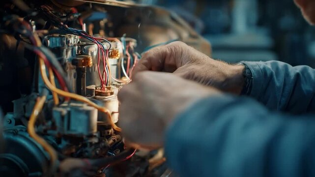 Medium shot of an auto mechanic closely examining connections and continuity within a cars electrical system to identify alternator and wiring issues.