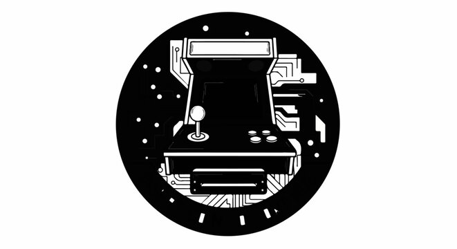 Retro arcade machine with joystick and buttons, on circuitry