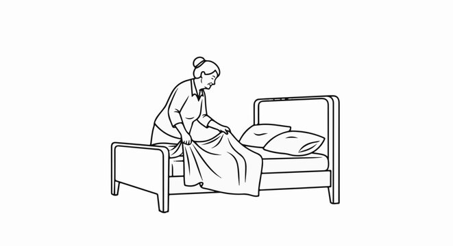 Elderly woman neatly making a bed with two pillows and a blanket