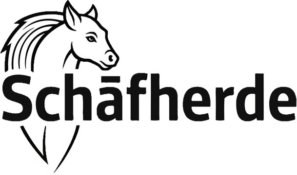 Stylized black and white logo of a horse head with mane and the word "Schafherde" below