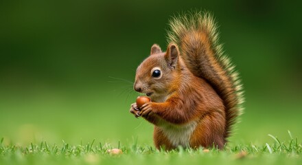 Fototapeta premium A squirrel stands on its hind legs, holding a nut with its front paws, amidst a blurred green background